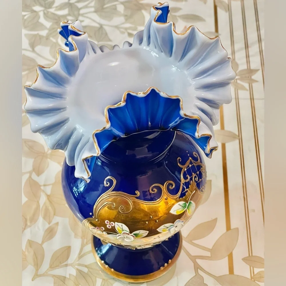 VTG Bohemian Czech Cobalt Blue Crystal RUFFLE Vase 24k Gold Enamel flowers